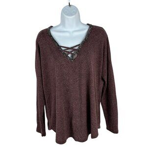 Jennifer Lopez Womens Maroon V-Neck Sweater Beaded Trim & Criss-Cross Detail M